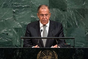 Le Ministre russe des affaires étrangères, Sergueï Lavrov, lors du débat général de l'Assemblée générale des Nations Unies. Photo ONU/Cia Pak