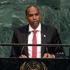 Hassan Ali Khayre, Prime Minister of Somalia, speaking at a podium during the 72nd General Debate of the UN General Assembly.
