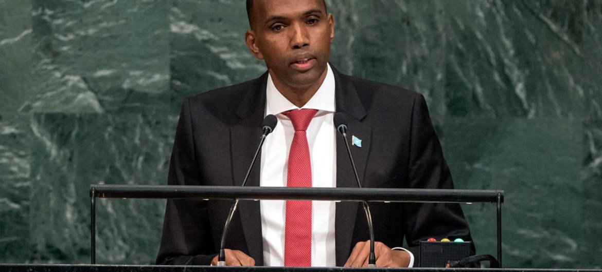 Le Premier ministre de la Somalie, Hassan Ali Khayre, lors du débat général de l'Assemblée générale des Nations Unies. Photo ONU/Cia Pak