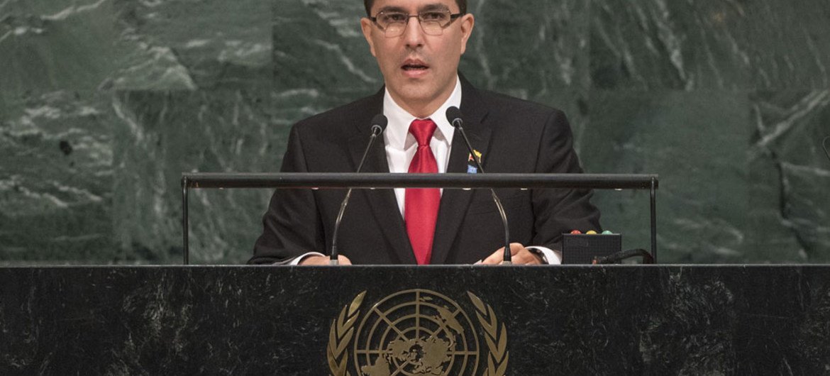 委内瑞拉外长阿雷阿萨（Jorge Arreaza Montserrat）9月25日在联大一般性辩论中发言。联合国图片/Cia Pak