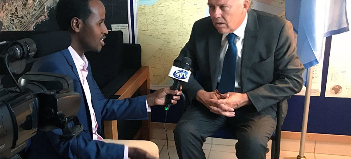 Special Representative and Head of the UN Assistance Mission in Somalia (UNSOM), Michael Keating being interviewed by local Somali TV about the UN's role in Somalia.