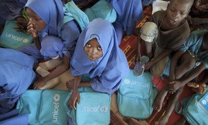 Children attend class in a UNICEF-sponsored school in Dikwa, Borno state, Nigeria. Boko Haram captured Dikwa in 2014 and the Nigerian army liberated it in February 2016. UNICEF/Naftalin (file)