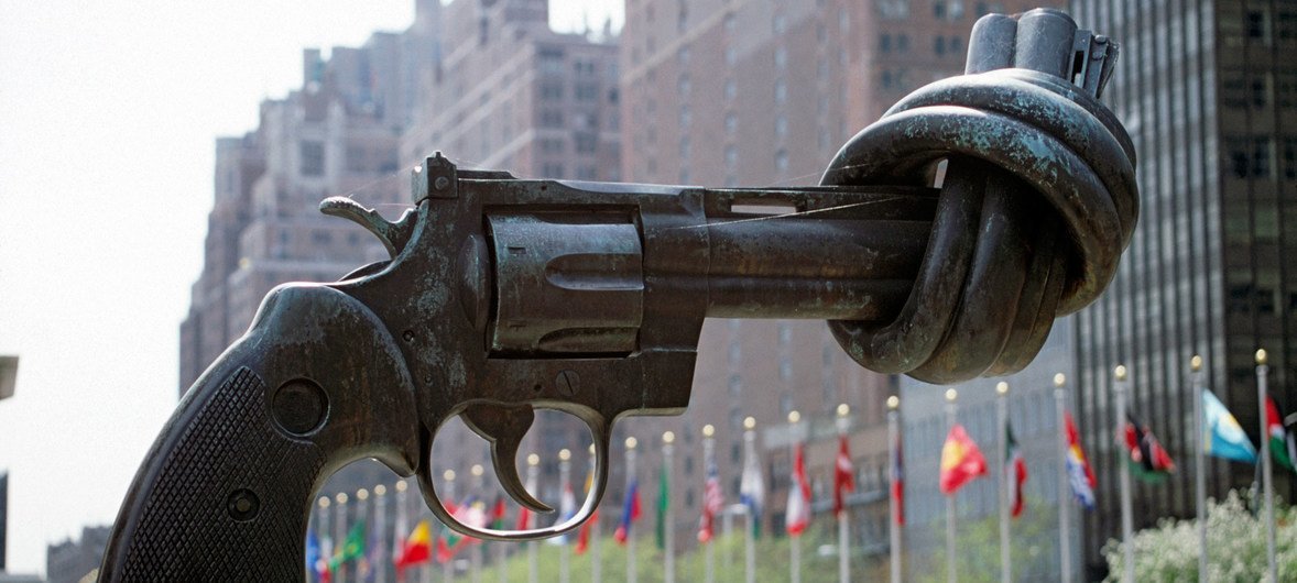 The “Non-Violence” (or “Knotted Gun”) sculpture by Swedish artist Carl Fredrik Reuterswärd on display at the UN Visitors’ Plaza.