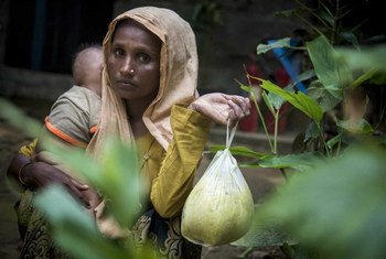 سيدة من ميانمار تتسلم معونات غذائية توزعها الأمم المتحدة وشركائها  في بازار كوكس - الصورة: برنامج الأغذية العالمي