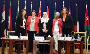Left to right: Dr. Khawla Mattar (ESCWA), Dr. Naglaa Al-Adly (Egypt’s National Council of Women), Minister Haifa Agha (Palestinian Ministry of Women's Affairs), Dr. Nata Duvvury (National University of Ireland), Dr. Mehrinaz Elawady (ESCWA Centre for Women).