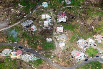 Aerial view of the devastation in Dominica following successive category five hurricanes in September 2017.