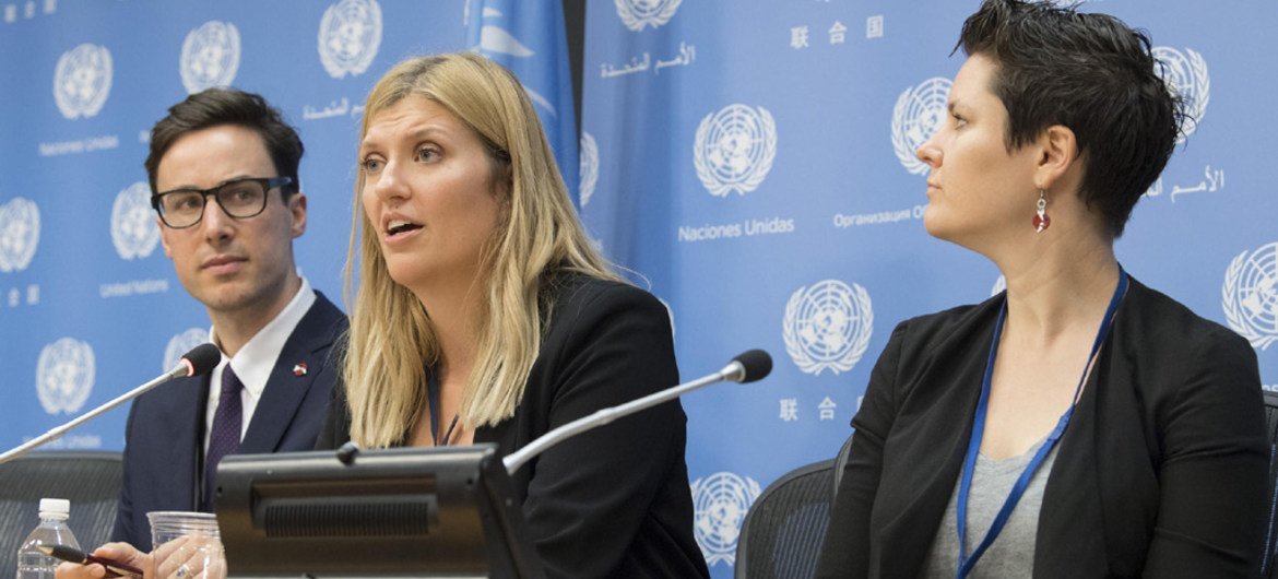 International Campaign to Abolish Nuclear Weapons (ICAN), winner of the 2017 Nobel Peace Prize, holds press conference at UN Headquarters, led by Beatrice Fihn (centre), Executive Director of ICAN.