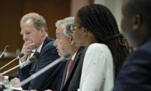 Secretary-General António Guterres addresses an event on the occasion of the World Day Against the Death Penalty on 10 October 2017. On his right is Andrew Gilmour, Assistant Secretary-General for Human Rights.