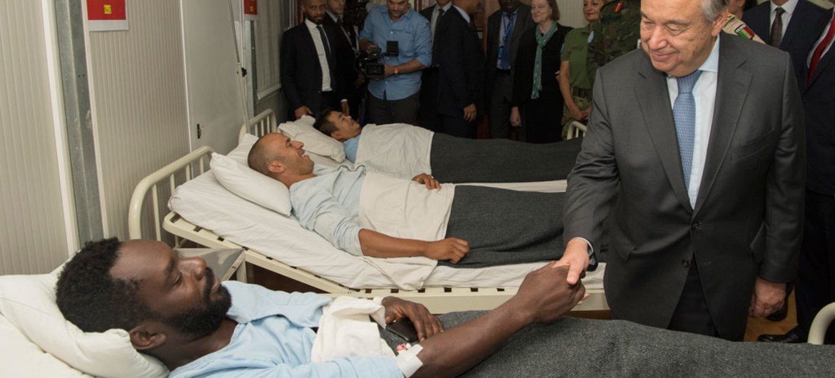 Secretary-General António Guterres visits wounded peacekeepers serving with the UN Multidimensional Integrated Stabilization Mission in the Central African Republic (MINUSCA).