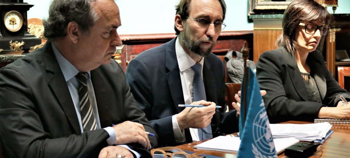 In Uruguay, UN High Commissioner for Human Rights Zeid Ra’ad Al Hussein (centre) alongside Commissioners from the Inter-American Commission on Human Rights, launches the Joint Action Mechanism on protection of human rights defenders in the Americas.