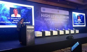 Simonetta Di Pippo, Director of the UN Office for Outer Space Affairs (UNOOSA) addresses the opening ceremony of the High Level Forum on Space as a Driver for Socio-economic Development in Dubai, United Arab Emirates.