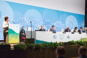 Patricia Espinosa, Executive Secretary of the UN Framework Convention on Climate Change (UNFCCC), at podium, addressing the opening ceremony of the Bonn Climate Conference.