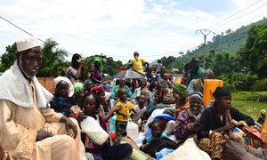 Des civils à bord de camions lors d'une précédente opération de réinstallation de personnes déplacées par l'OIM en République centrafricaine. (archive)