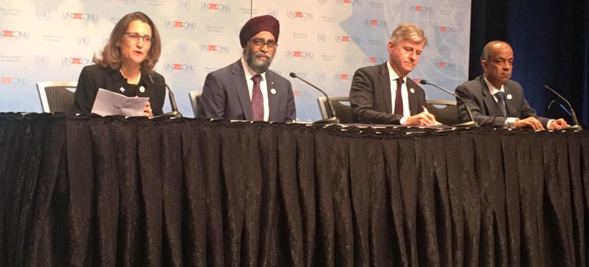 Pictured (L to R): Chrystia Freeland, Foreign Minister of Canada; Harjit Singh, National Defence Minister of Canada; Jean-Pierre Lacroix, Under-Secretary-General for Peacekeeping Operation; and Atul Khare, Under-Secretary-General for Field Support.