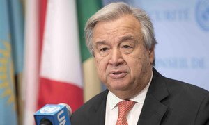 Secretary-General António Guterres speaks to reporters at the Security Council stakeout.
