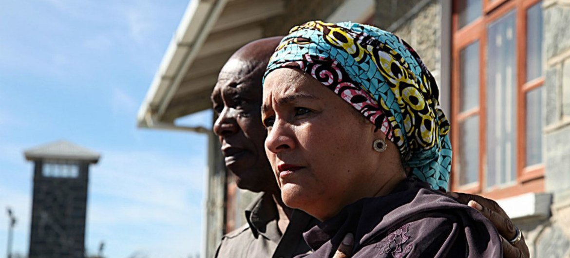 UN Deputy Secretary-General Amina J Mohammed and Nelson Mandela Foundation Trustee Tokyo Sexwale at Robben Island on 25 November 2017.