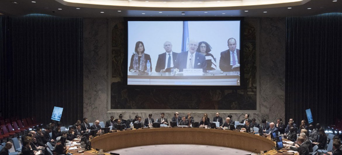 Staffan de Mistura, UN Special Envoy for Syria, briefs the Security Council, via video conference.