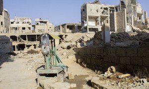 One of the manual water pumps around East-Ghouta serving as one of the very few water sources in the besieged area. Water can be unsafe as it is not tested nor purified.