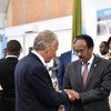 UN Special Representative of the UN Secretary-General for Somalia, Michael Keating (left), greets Somalia’s Federal President Mohamed Abdullahi Mohamed 'Farmaajo,' during the Somalia Security Conference being held in Mogadishu.