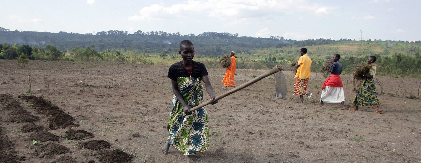 Women of the Batwa community tilling the soil with hoes in preparation for planting potatoes, in Gashikanwa, Burundi.
