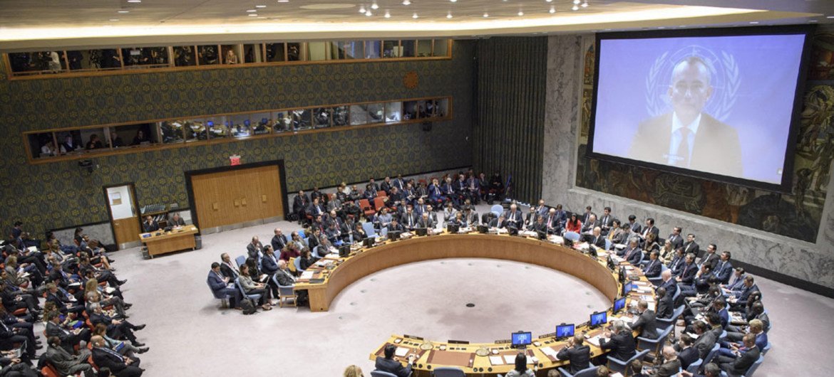 El coordinador especial de la ONU para el Proceso de Paz en Medio Oriente, Nickolay Mladeno, se dirige al Consejo de Seguridad a través de videoconferencia. 