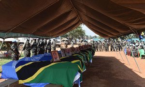 Ceremony in Beni, Democratic Republic of the Congo, paying tribute to the 14 UN peacekeepers who were killed during an attack on the UN mission’s base in Semuliki. The fallen peacekeepers were praised for their bravery, courage and professionalism in carrying out efforts to restore peace in the territory.