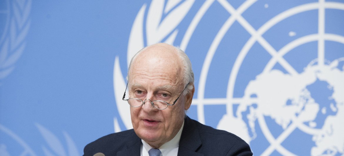 Staffan de Mistura, UN Special Envoy for Syria, briefs the press during the intra-Syrian talks, Geneva.