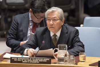 Tadamichi Yamamoto, Représentant spécial du Secrétaire général et Chef de la Mission d'assistance des Nations Unies en Afghanistan (MANUA) lors d'une intervention au Conseil de sécurité . Photo : ONU / Eskinder Debebe