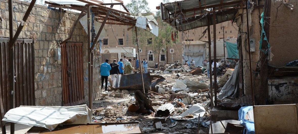 The Yemeni city of Sa’ada has been heavily hit by airstrikes since conflict escalated last year. Here, aid officials stand amid the rubble of a market in the old city of Sa’ada, which was hit by an airstrike in April 2015. 