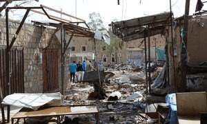 The Yemeni city of Sa’ada has been heavily hit by airstrikes since conflict escalated last year. Here, aid officials stand amid the rubble of a market in the old city of Sa’ada, which was hit by an airstrike in April 2015. 