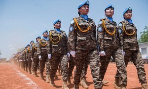 Members of the Mongolian contingent at the UN Mission in South Sudan during a medal ceremony in May 2017.
