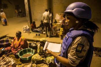 A police officer from the UN mission in Mali (MINUSMA) on patrol in Timbuktu.