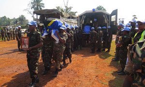 Ceremony in Beni, Democratic Republic of the Congo, paying tribute to the 14 UN peacekeepers who were killed in early December 2017 during an attack on the UN mission’s base in Semuliki. Photo MONUSCO/Alain Coulibaly.