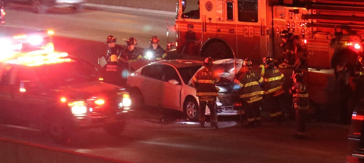 Emergency services respond to a car accident in New York City, United States. Prompt response and medical assistance can help save lives in road crashes.