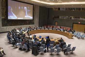 Ghassan Salamé (on screen, right), Special Representative of the Secretary-General and Head of the UN Support Mission in Libya (UNSMIL), briefs the Security Council meeting on the situation in Libya.