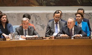 Secretary-General António Guterres (left), alongside Nursultan Nazarbaev, the President of Kazakhstan, briefs the Security Council during its meeting on non-proliferation of weapons of mass destruction.