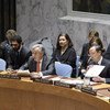 Secretary-General António Guterres (left), alongside Kairat Abdrakhmanov, Minister for Foreign Affairs of Kazakhstan, briefs the Security Council on building regional partnerships in Afghanistan and Central Asia.