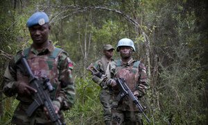 Force Intervention Brigade troops from the UN Organization Stabilization Mission in the Democratic Republic of the Congo (MONUSCO) on patrol with soldiers from the Armed Forces of the DRCongo (FARDC).