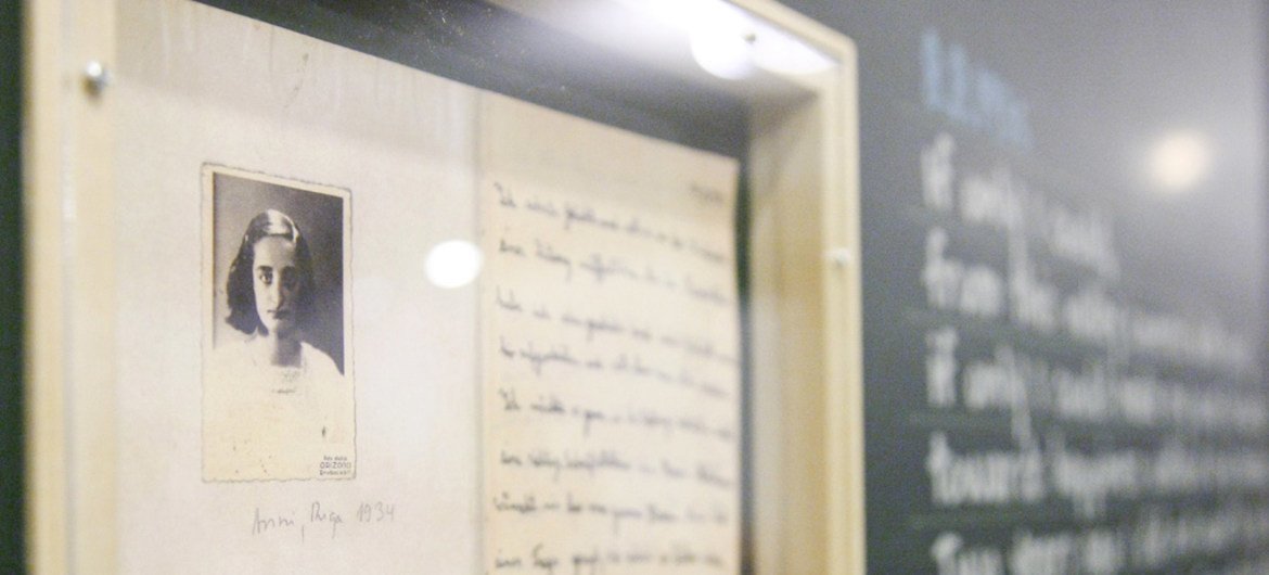 Close-up of a photograph of Anne Frank, part of the exhibit ‘Monument of Good Deeds: Dreams and Hopes of Children During the Holocaust,’ which was held in 2012 at UN Headquarters.