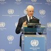 UN Special Envoy on Syria Staffan de Mistura speaking to reporters as Special Meeting on Syria wraps up at the UN in Vienna.