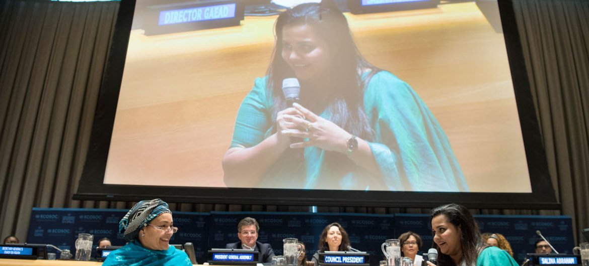 Deputy Secretary-General Amina Mohammed (left) and Jayathma Wickramanayake, the Secretary-General's Envoy on Youth, in conversation during the opening of the 2018 Economic and Social Council (ECOSOC) Youth Forum.