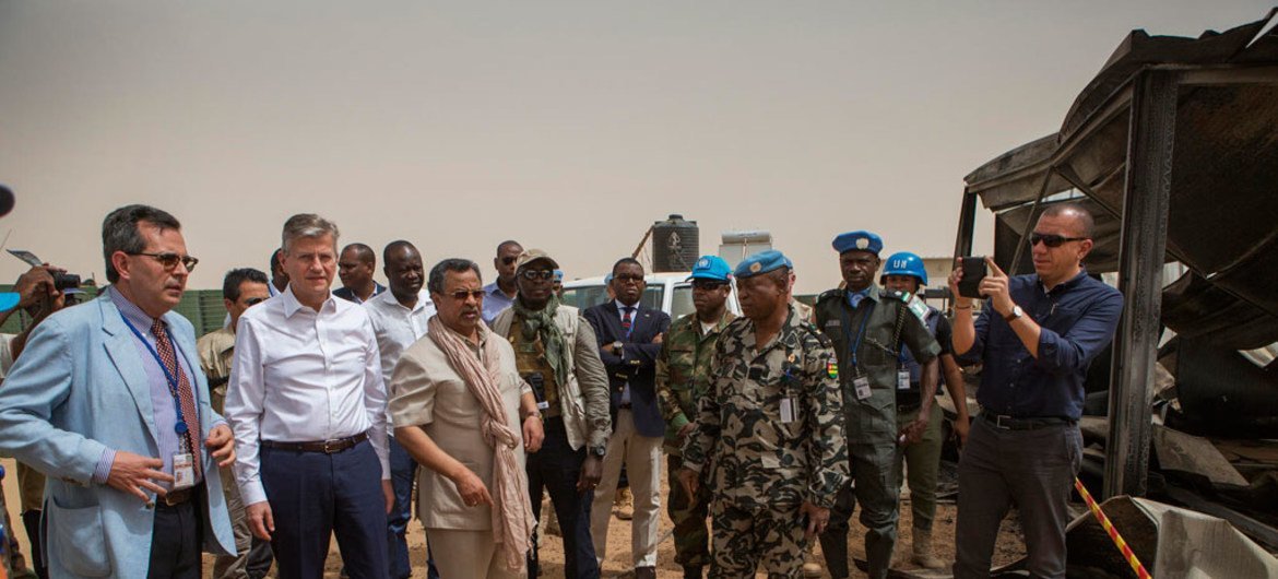 Under-Secretary-General Jean-Pierre Lacroix and Mahamat Saleh Annadif, the head of the UN mission in Mali, visit UN personnel in the Timbuktu Super Camp, which was targeted by rocket attacks. 