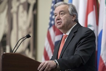 Secretary-General António Guterres speaks to the media at UN Headquarters.