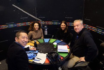 UN Disaster Assessment and Coordination, or UNDAC team members in one of the UN’s studios in Geneva. From left: Winston Chang, Stefania Trassari, Gintarė Eidimtaitė, and Peter Muller.