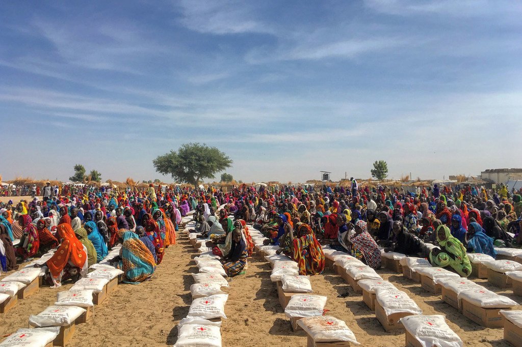 Des personnes déplacées sur un site de distribution de nourriture à Rann, dans l'État de Borno, dans le nord-est du Nigéria.