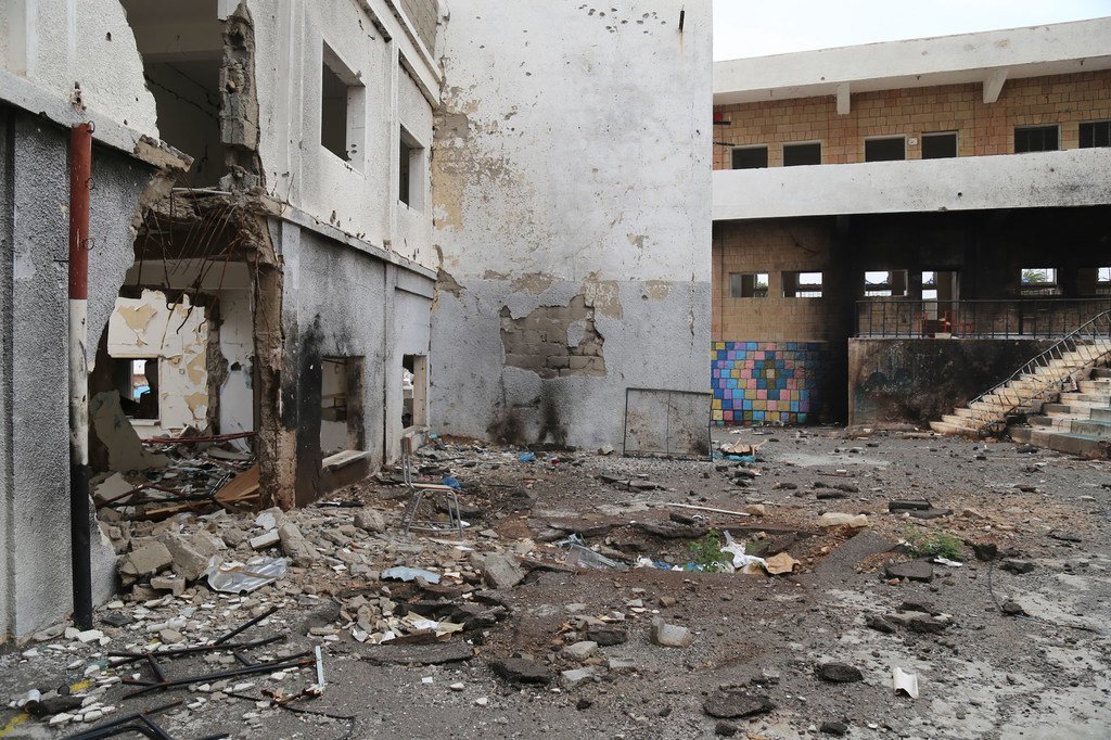 A school in the city of Taiz, in south-western Yemen, bears the scars of intense fighting.