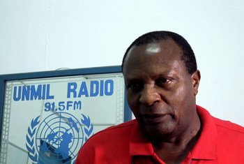 Napoleon Viban, the head of UNMIL Radio, being interviewed by UN News in Monrovia, Liberia.