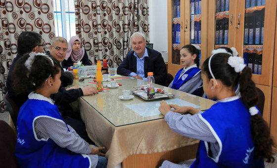 Director of UNRWA Operations in Gaza Mr. Matthias Schmale (center), together with Chief, Area Office, Gaza area Mr. Majed Al Bayed, and Area Education Officer, Gaza area Mr. Alaa’ Harb during their meeting with a number of school parliamentarians at Bea