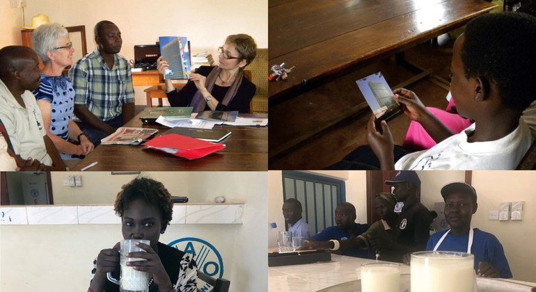 Collage of photos of patrons at the Kitengase Library in Uganda and customers and staff at FAO’s milk bar in Rumbek, South Sudan.