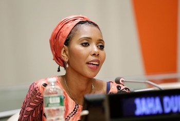 Jaha Dukureh at the panel discussion following the US premiere of the documentary Jaha’s Promise, hosted by UN Women and the Wallace Global Fund, held at United Nations in New York on 6 June, 2017.